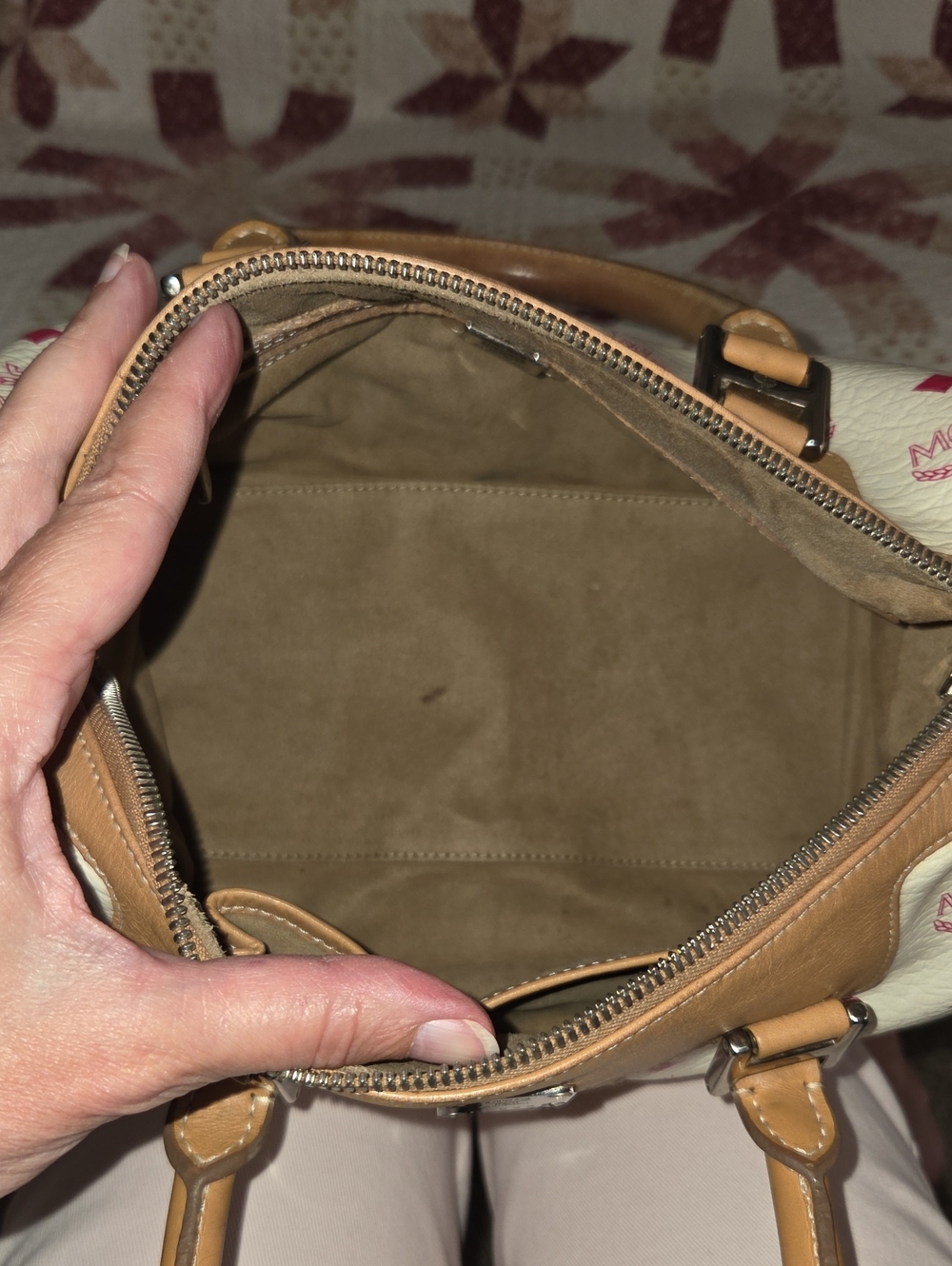 MCM Cream Canvas Satchel with Pink Logo and Tan Leather Trim - Picture 7 of 7